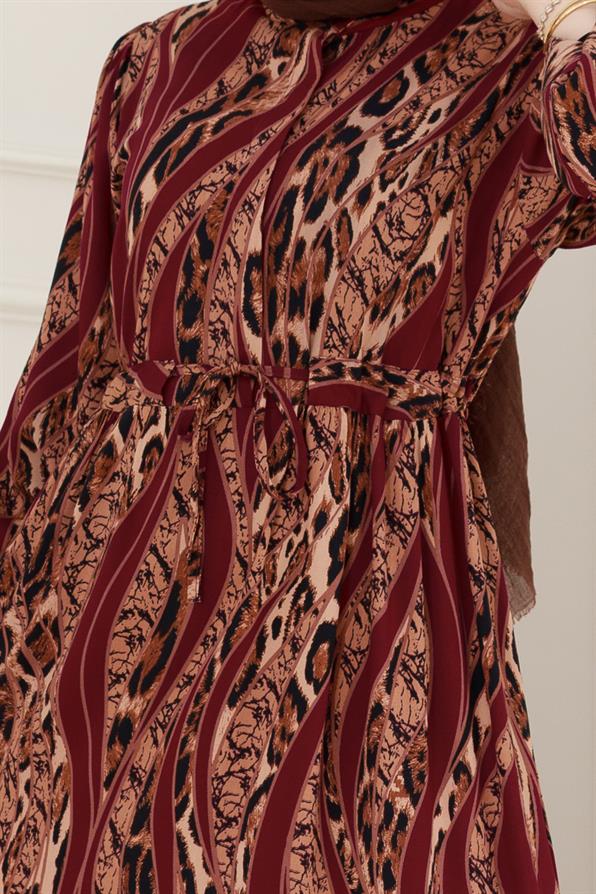 Leopar Desenli Beli Tünelli Viscon Elbise-Bordo