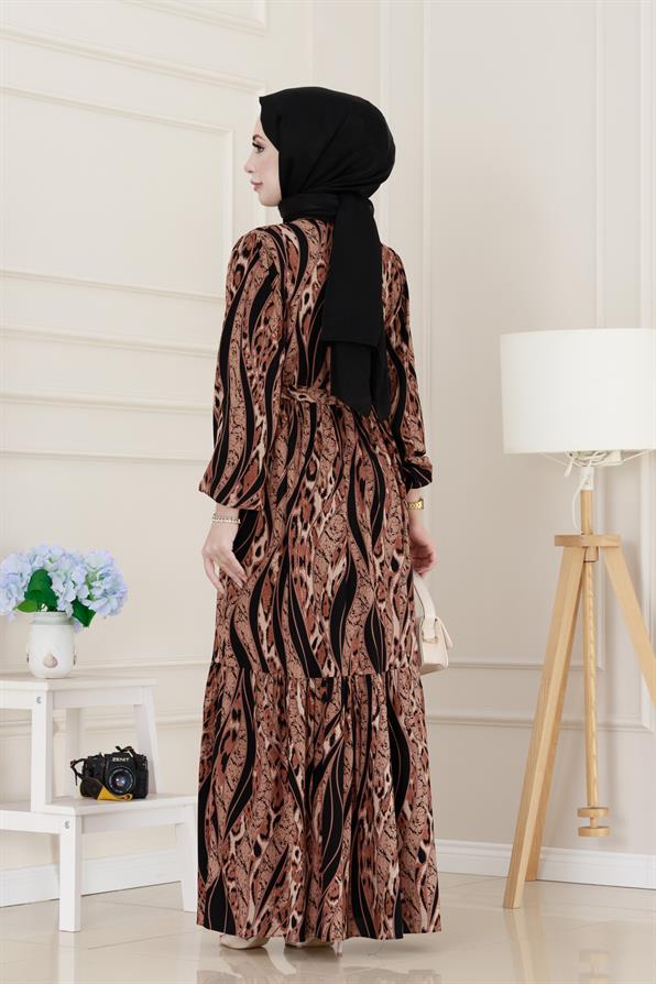 Leopar Desenli Beli Tünelli Viscon Elbise-Siyah