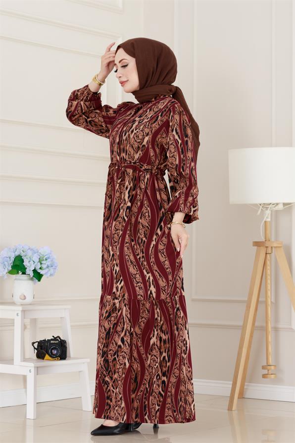 Leopar Desenli Beli Tünelli Viscon Elbise-Bordo