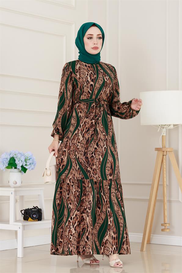 Leopar Desenli Beli Tünelli Viscon Elbise-Yeşil