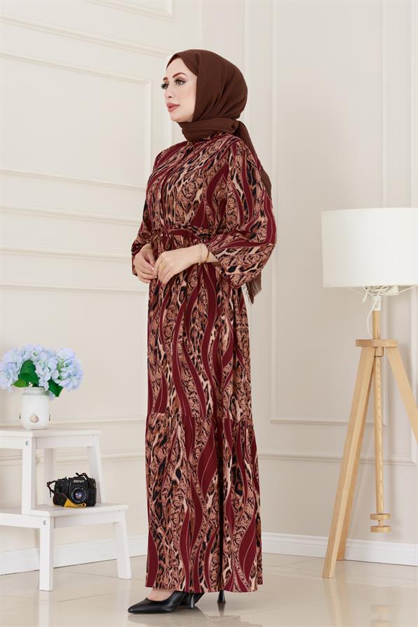 Leopar Desenli Beli Tünelli Viscon Elbise-Bordo