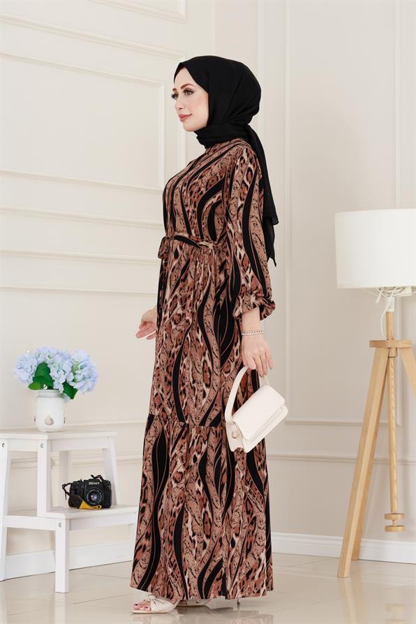 Leopar Desenli Beli Tünelli Viscon Elbise-Siyah