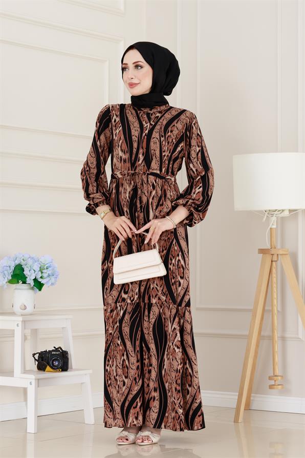 Leopar Desenli Beli Tünelli Viscon Elbise-Siyah