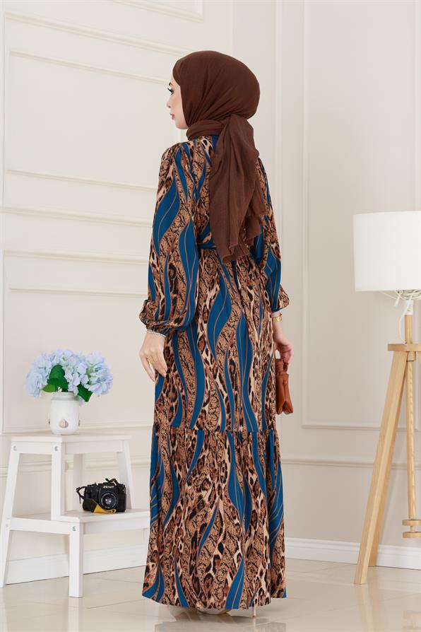 Leopar Desenli Beli Tünelli Viscon Elbise-Mavi