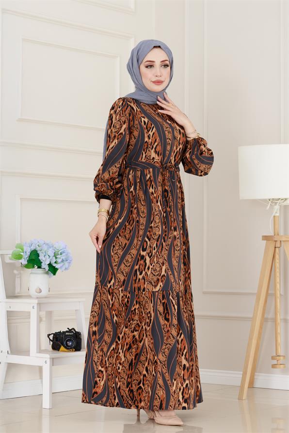 Leopar Desenli Beli Tünelli Viscon Elbise-Gri