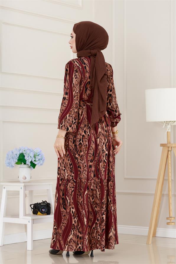 Leopar Desenli Beli Tünelli Viscon Elbise-Bordo