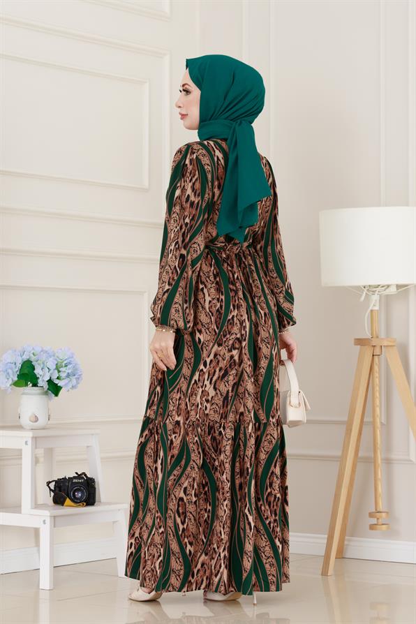 Leopar Desenli Beli Tünelli Viscon Elbise-Yeşil