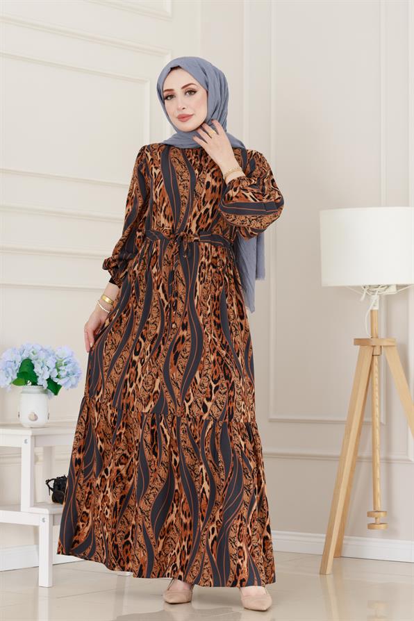 Leopar Desenli Beli Tünelli Viscon Elbise-Gri
