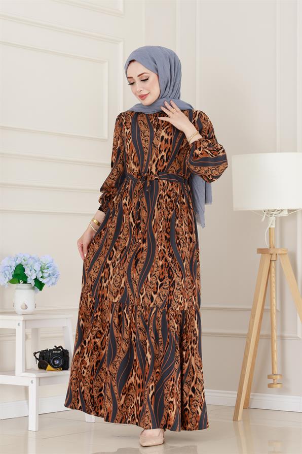 Leopar Desenli Beli Tünelli Viscon Elbise-Gri