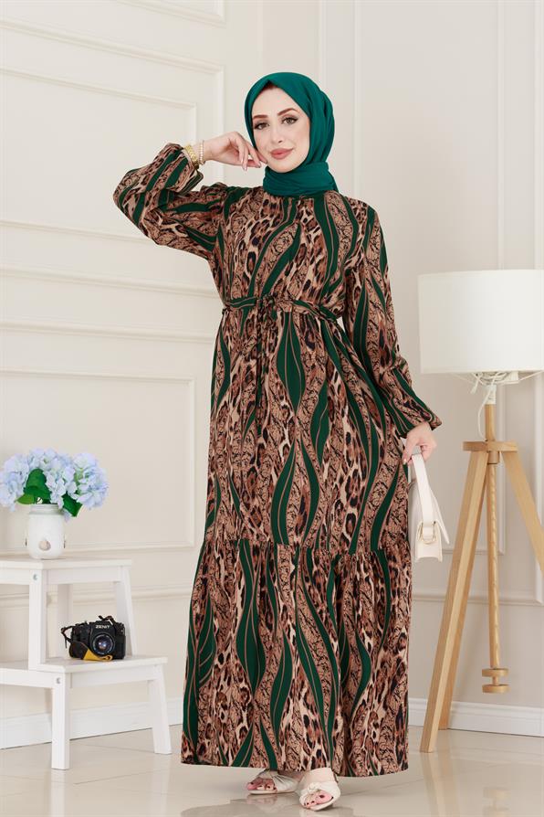 Leopar Desenli Beli Tünelli Viscon Elbise-Yeşil
