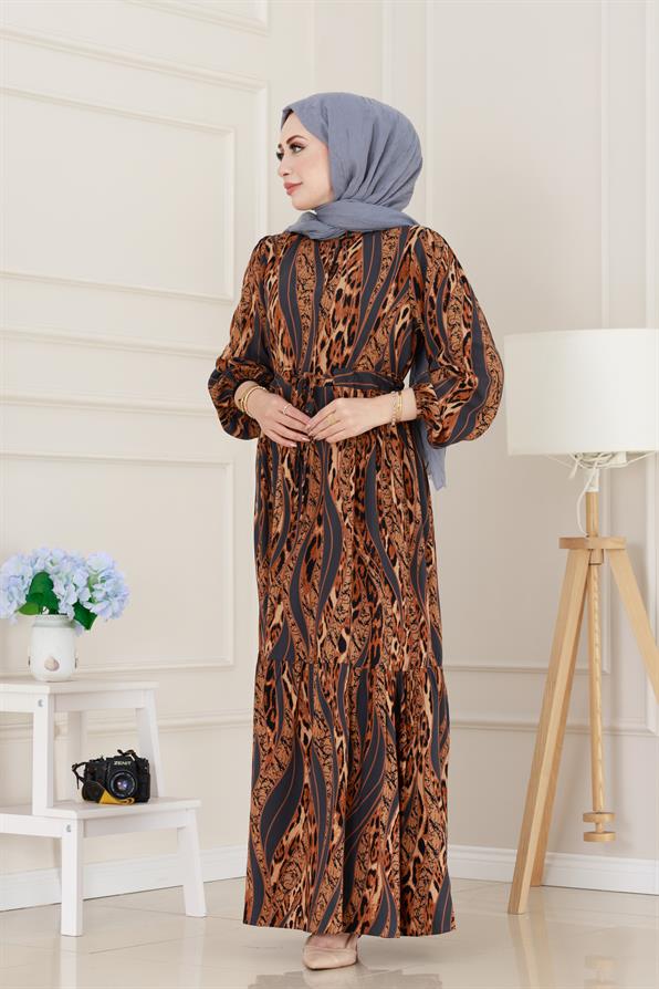 Leopar Desenli Beli Tünelli Viscon Elbise-Gri