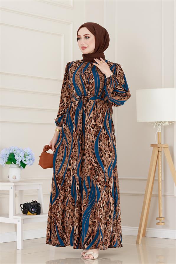 Leopar Desenli Beli Tünelli Viscon Elbise-Mavi