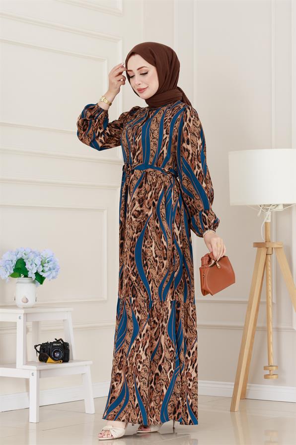 Leopar Desenli Beli Tünelli Viscon Elbise-Mavi