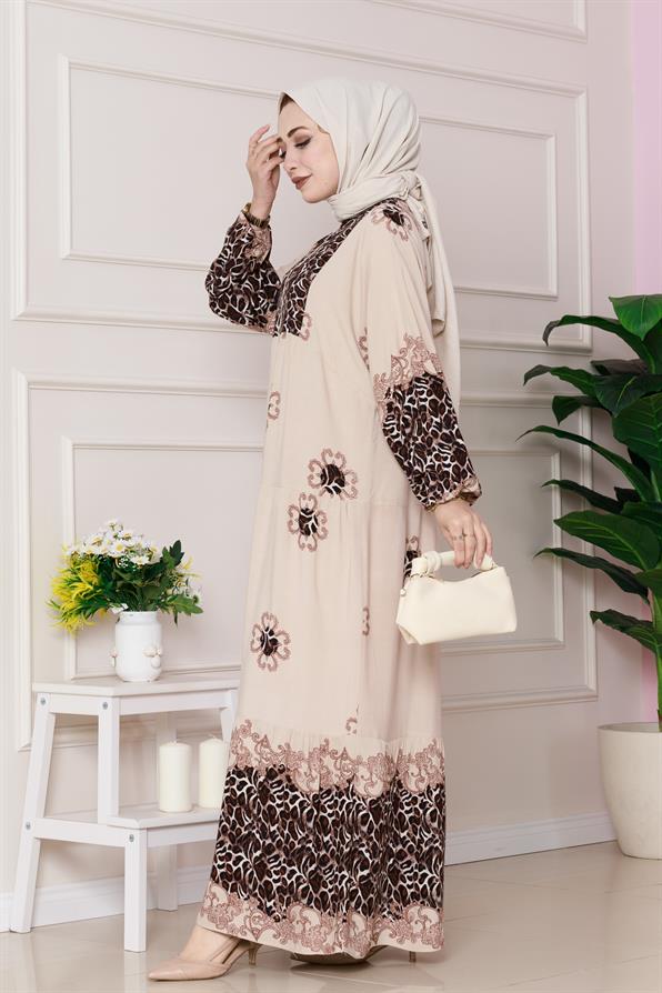 فستان من الفيسكوز بنقشة جلد النمر - لون بيج