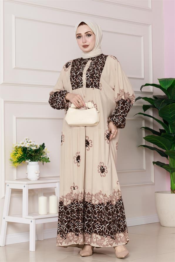 فستان من الفيسكوز بنقشة جلد النمر - لون بيج