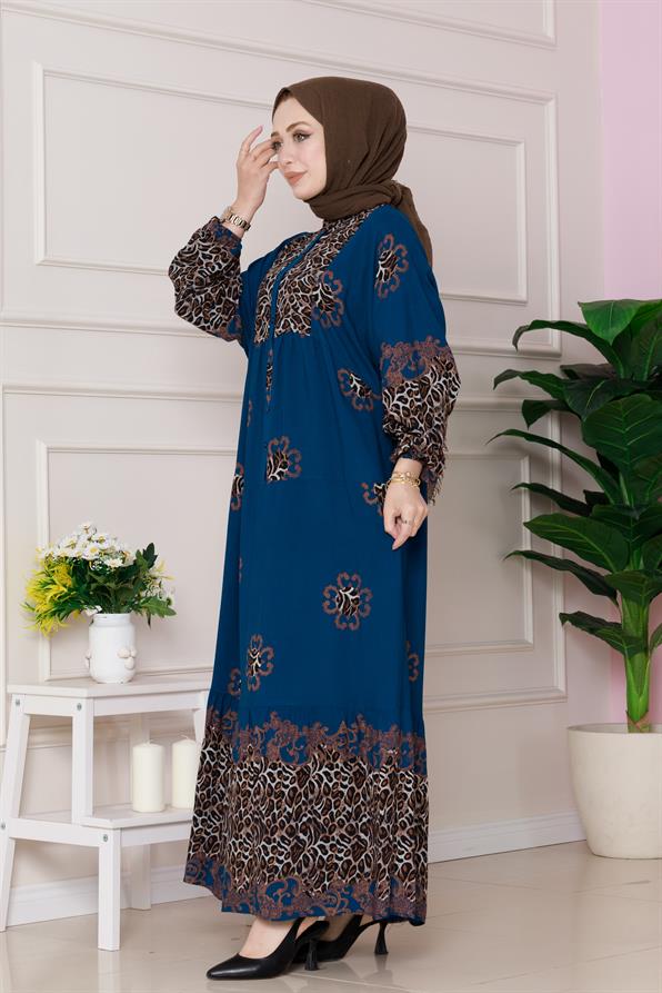 Leopar Desenli Robalı Viscon Elbise-İndigo