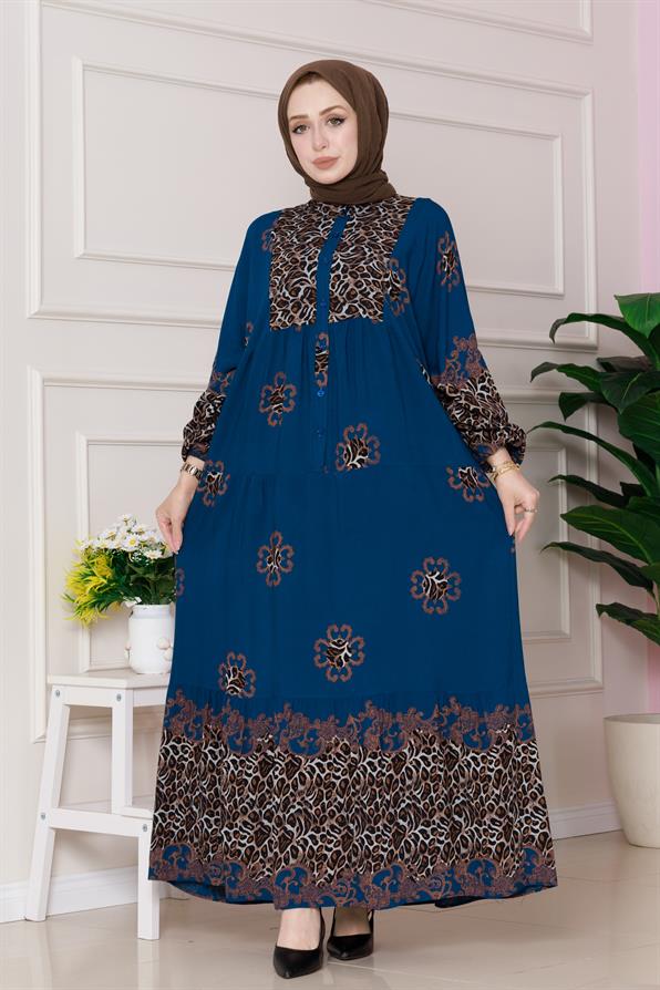 Leopar Desenli Robalı Viscon Elbise-İndigo