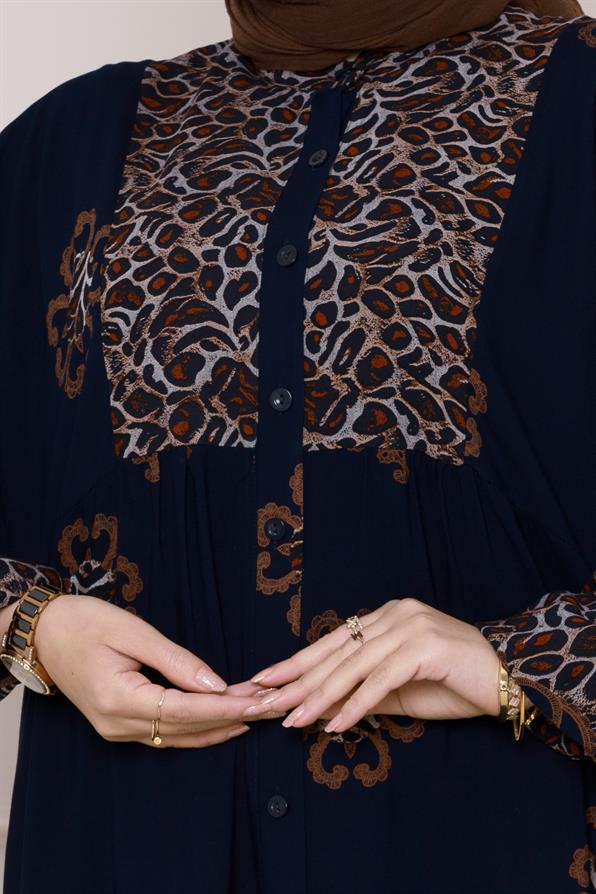 Leopar Desenli Robalı Viscon Elbise-Lacivert