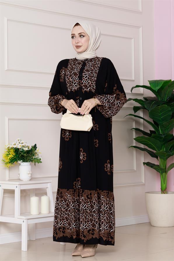 Leopar Desenli Robalı Viscon Elbise-Siyah