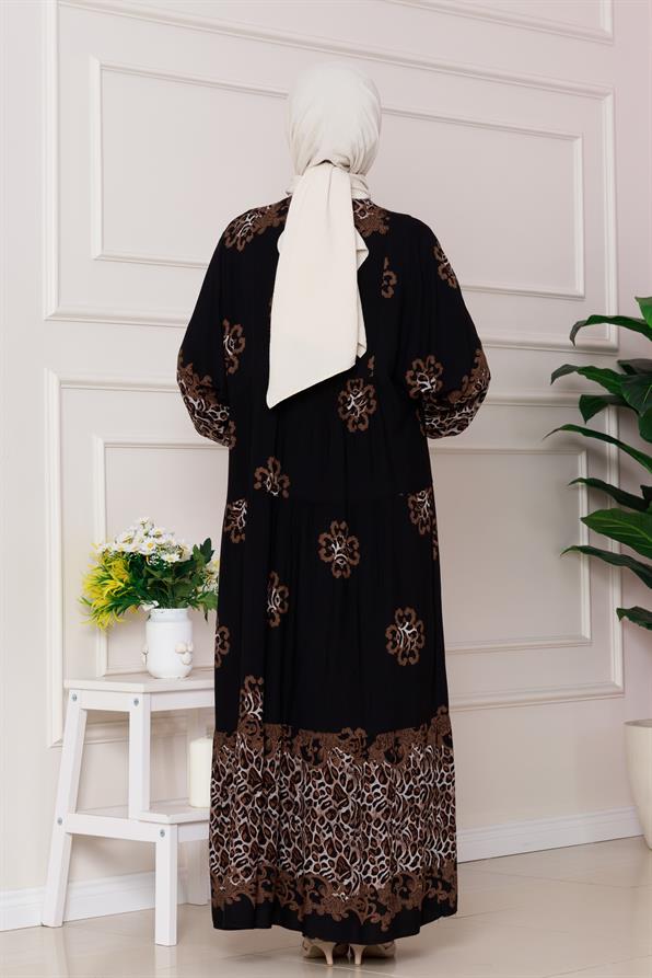 Leopar Desenli Robalı Viscon Elbise-Siyah