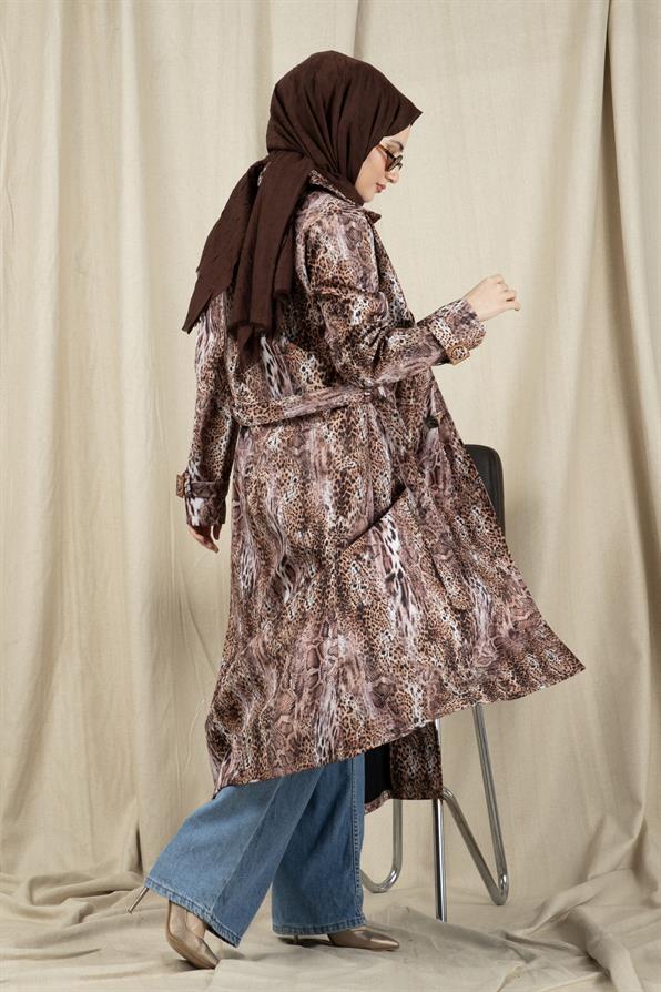 Leopar Desenli Trençkot-Taba