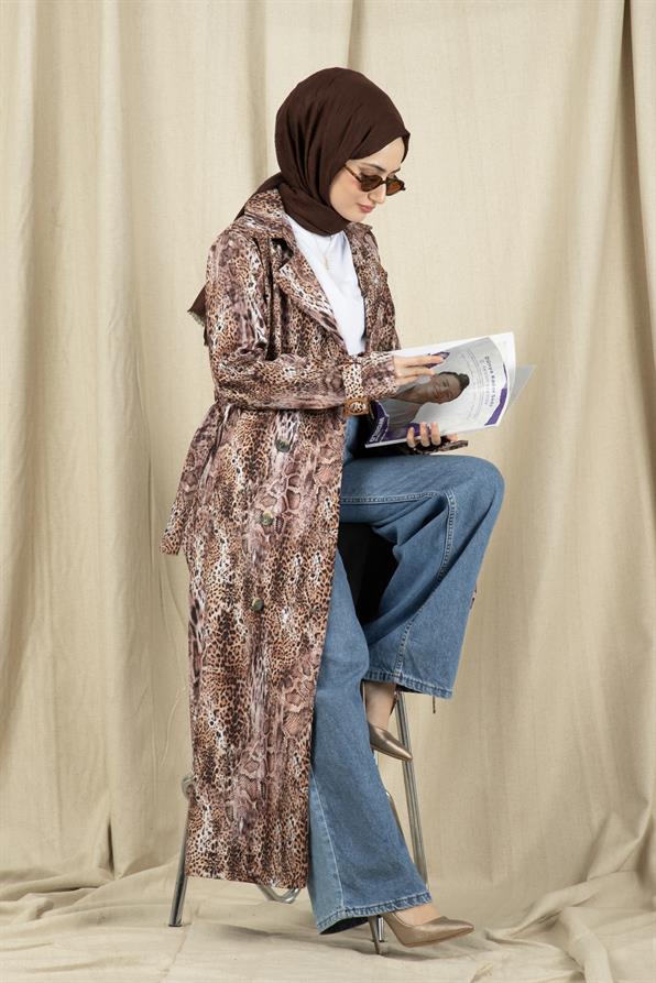 Leopar Desenli Trençkot-Taba