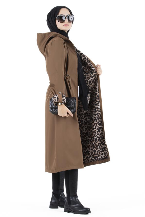Leopar Detaylı Trençkot-Kahverengi