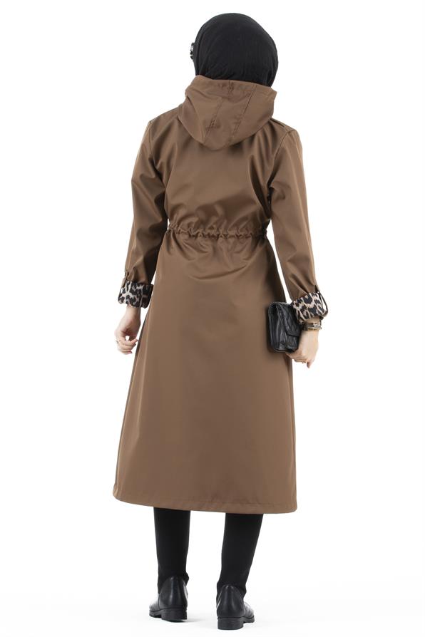 Leopar Detaylı Trençkot-Kahverengi