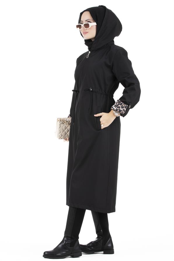 Leopar Detaylı Trençkot-Siyah
