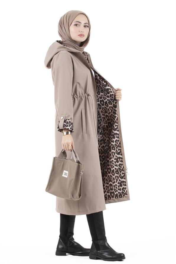 Leopar Detaylı Trençkot-VİZON