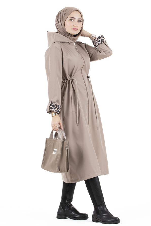 Leopar Detaylı Trençkot-VİZON