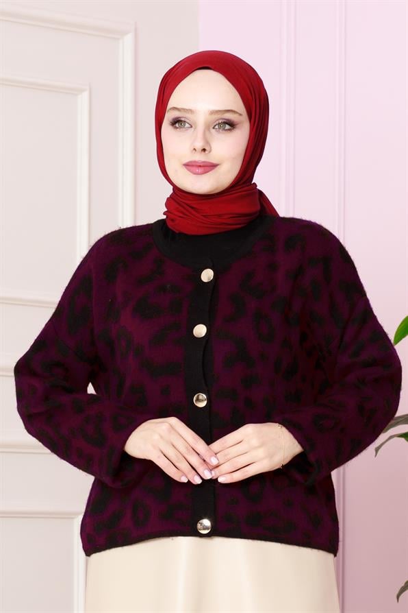 كارديجان قصير بطبعة الفهد - لون عنابي