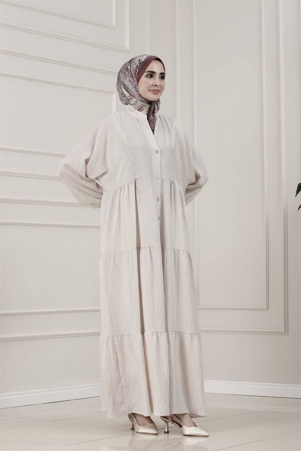 Lilyum Kumaş Robalı Katya Elbise-BEJ