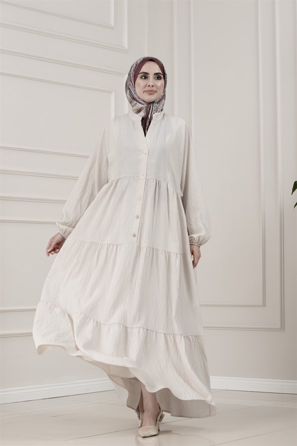 Lilyum Kumaş Robalı Katya Elbise-BEJ