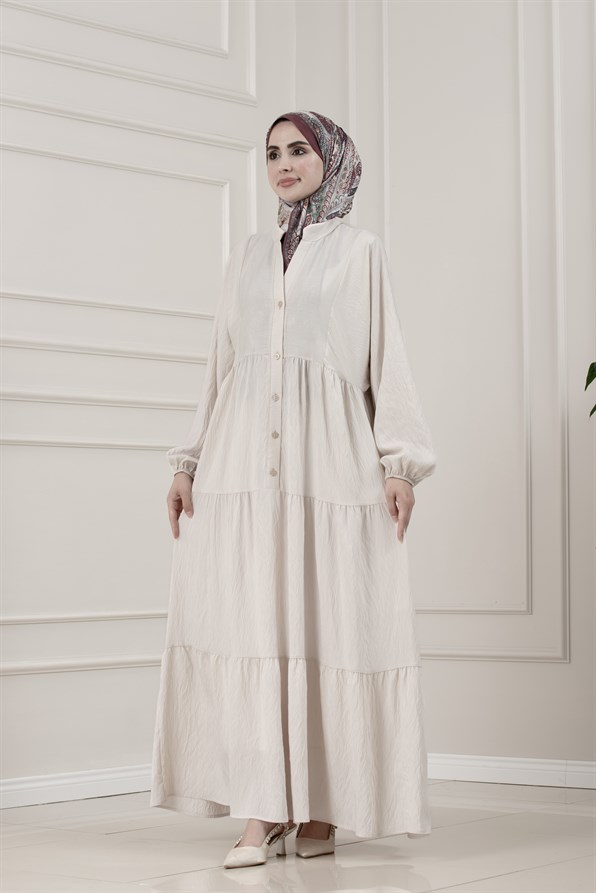 Lilyum Kumaş Robalı Katya Elbise-BEJ