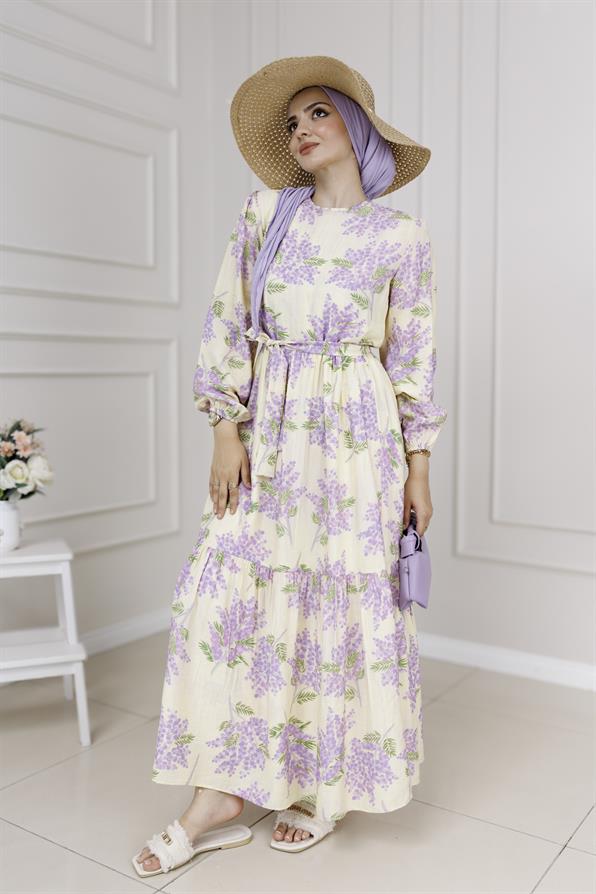 Mimoza Desenli Kuşaklı Prenses Elbise-Lila