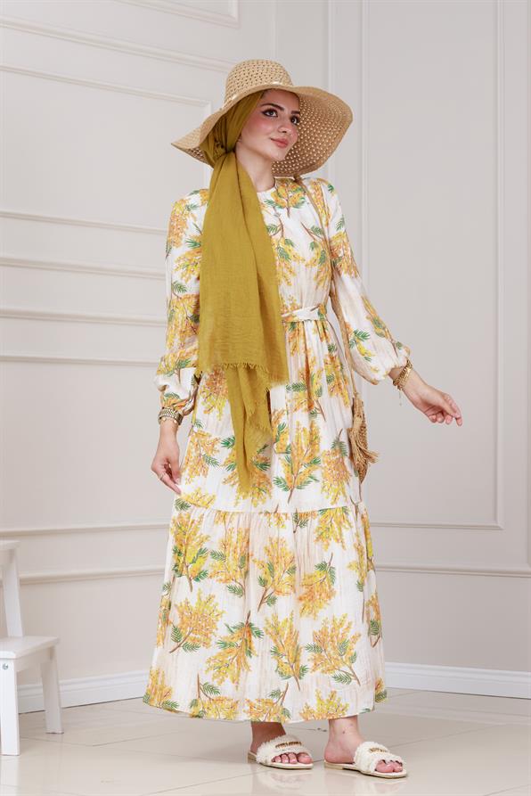 Mimoza Desenli Kuşaklı Prenses Elbise-Sarı