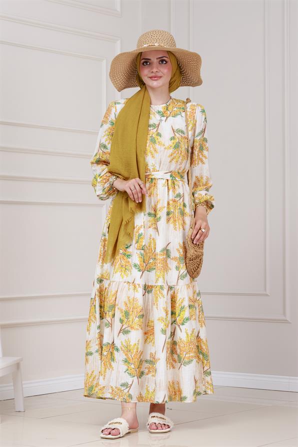 Mimoza Desenli Kuşaklı Prenses Elbise-Sarı