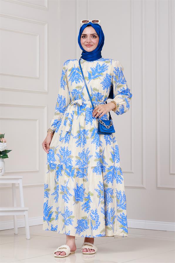 Mimoza Desenli Kuşaklı Prenses Elbise-Mavi
