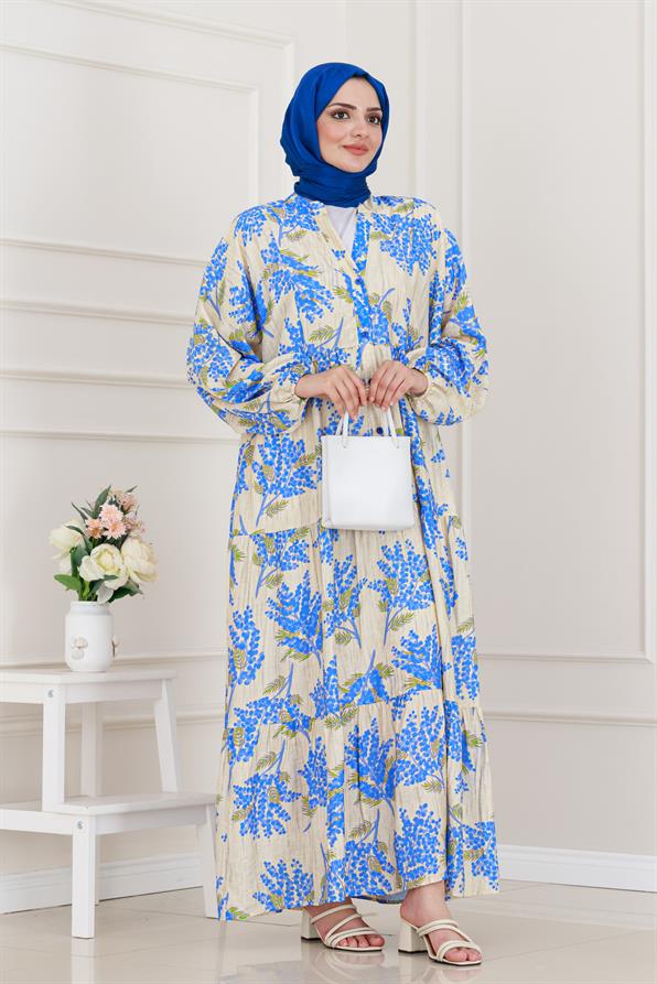 Mimoza Desenli Yarım Düğmeli Robalı Elbise-Mavi