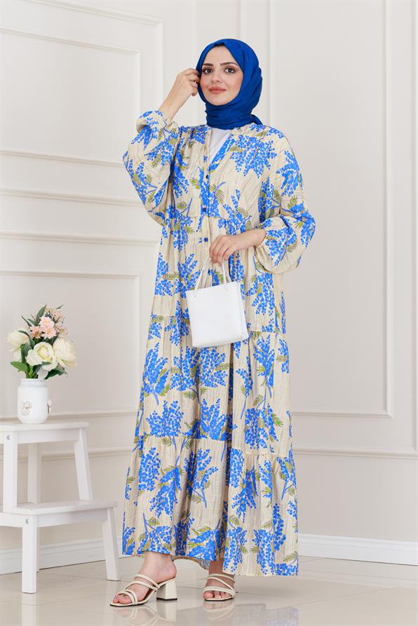 Mimoza Desenli Yarım Düğmeli Robalı Elbise-Mavi