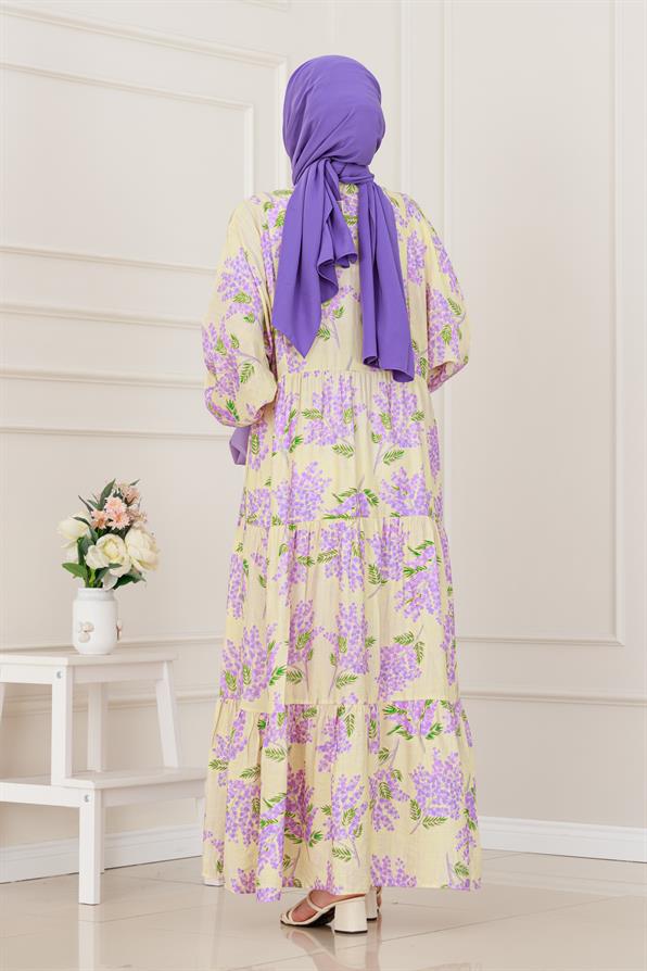 Mimoza Desenli Yarım Düğmeli Robalı Elbise-Lila