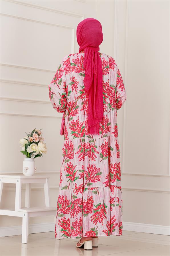 Mimoza Desenli Yarım Düğmeli Robalı Elbise-Fuşya
