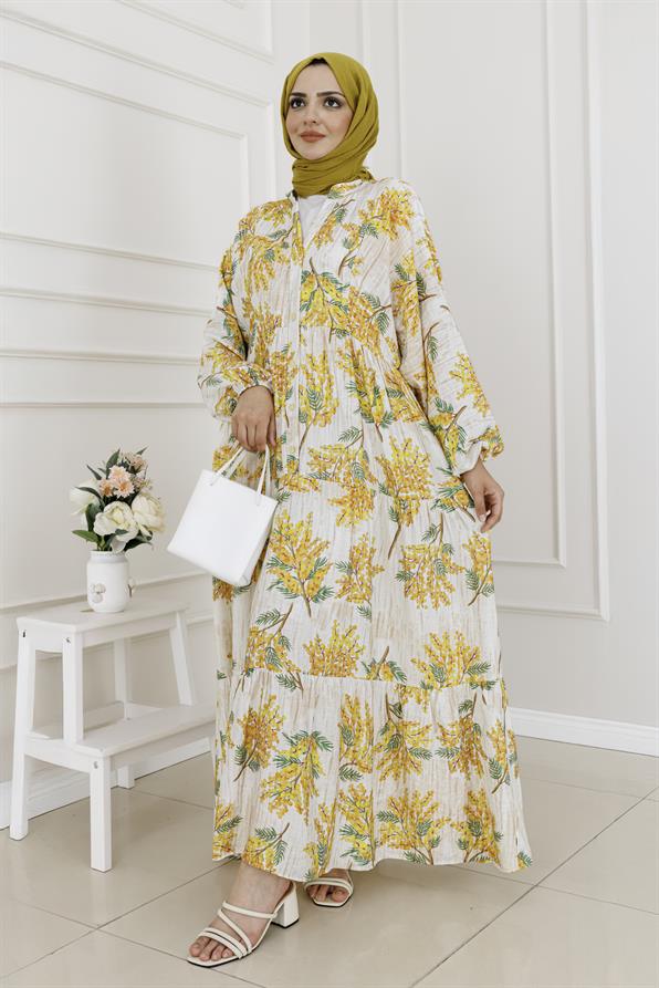 Mimoza Desenli Yarım Düğmeli Robalı Elbise-Sarı