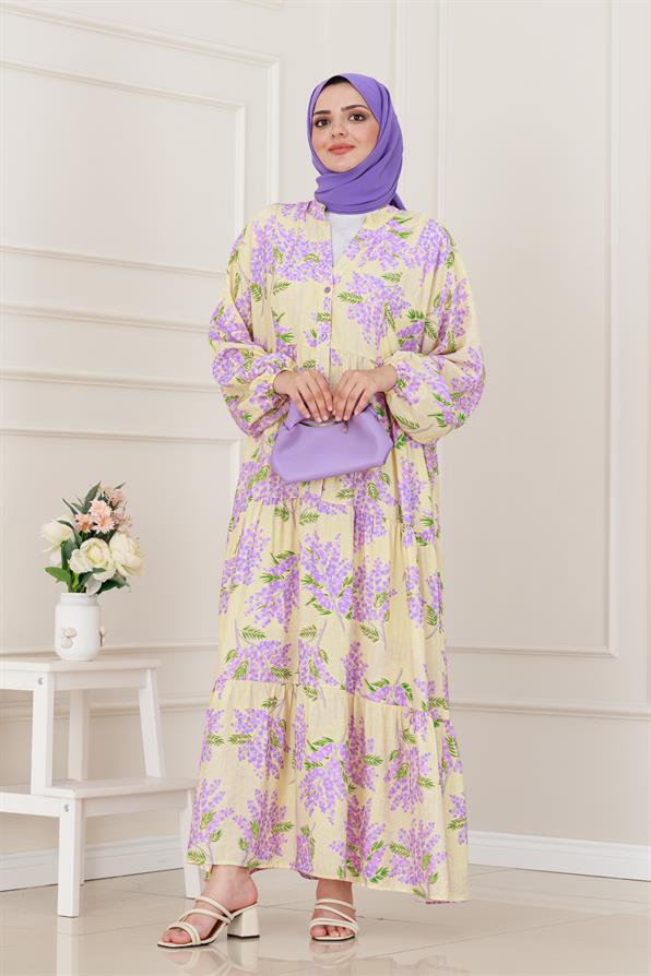 Mimoza Desenli Yarım Düğmeli Robalı Elbise-Lila