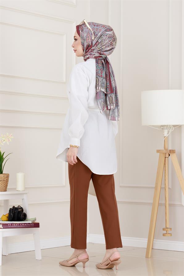 Monako Yaka Taşlı Tunik-Beyaz