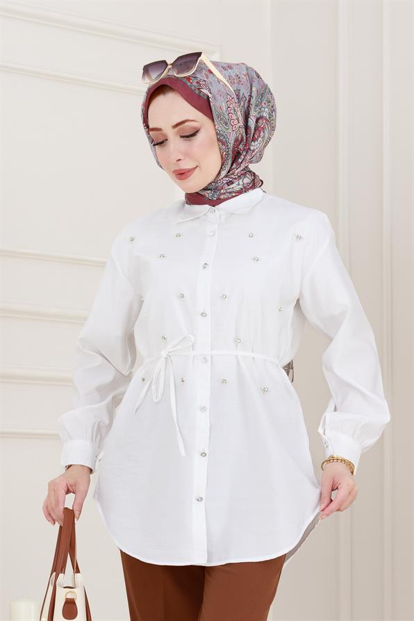 Monako Yaka Taşlı Tunik-Beyaz