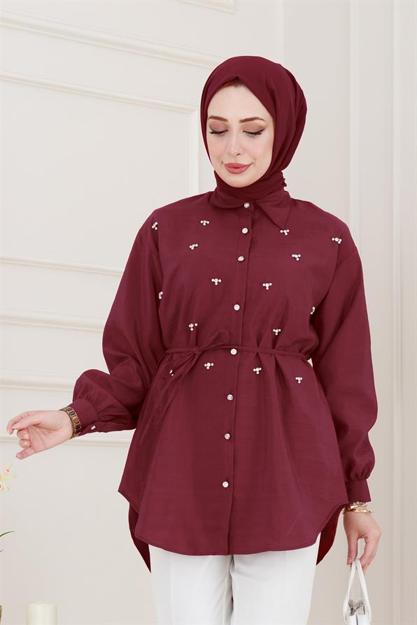 Monako Yaka Taşlı Tunik-Bordo