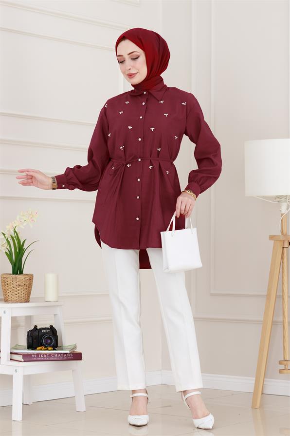 Monako Yaka Taşlı Tunik-Bordo