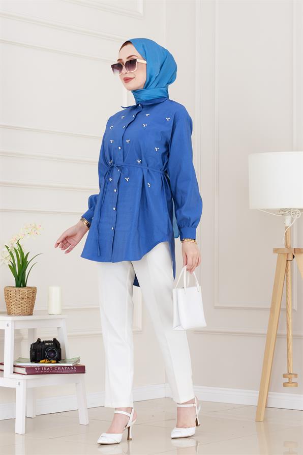 Monako Yaka Taşlı Tunik-Mavi